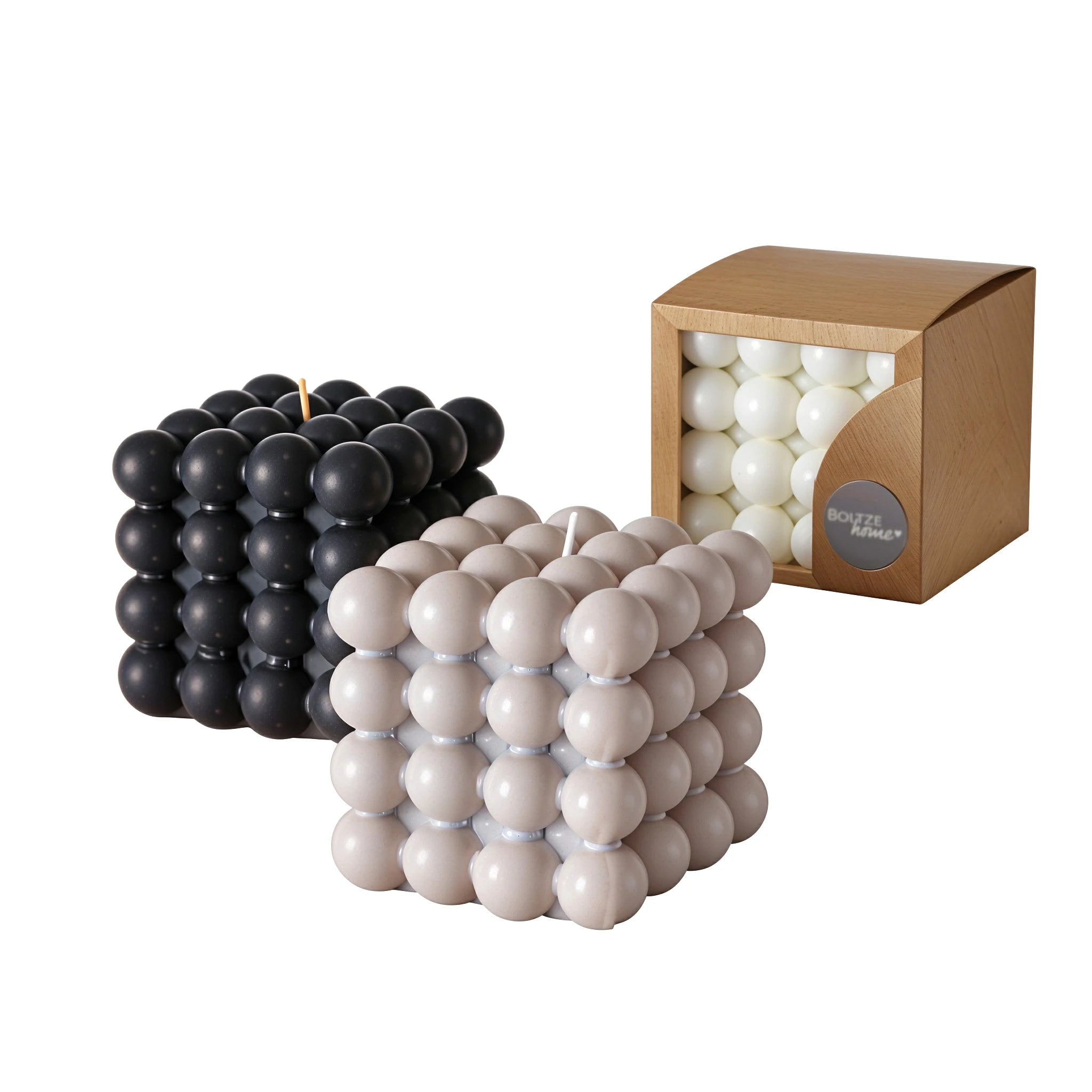 🕯️ Bougie Bubble – Cube Design Noir / Gris / Blanc | Carton de 12 unités